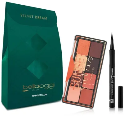 Набор для макияжа глаз Bellaoggi Sunset Glow палетка теней 8 оттенков 9.5 г и подводка Extra Black 1 мл