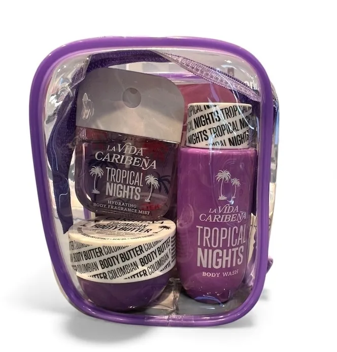 Набор La Vida Caribena Tropical Nights спрей для тела 35 мл масло для тела 50 мл гель для душа 100 мл и косметичка