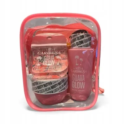 Набор La Vida Caribena Guava Glow спрей для тела 35 мл масло для тела 50 мл гель для душа 100 мл и косметичка