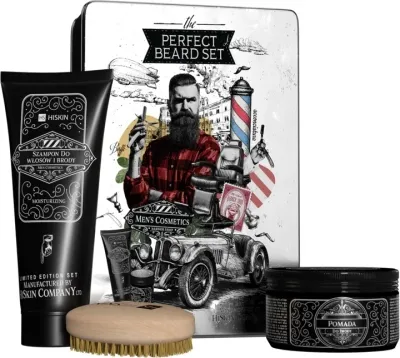 Мужской набор HiSkin Perfect Beard увлажняющий шампунь для волос и бороды 200 мл помада для укладки 100 г и щетка для бороды