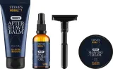 Steve?s No Bull***t Steve's No Bull***t Klasik Shaving Box (sh/oil/50 мл + sh/cr/100 мл + a/sh/balm/100 мл + razor) * - Мужской набор для бритья Steve's Klasik масло крем бальзам после бритья и станок с ароматом дерева уценка 50+100+100 мл — фото 1