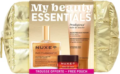 Набор Nuxe Glow Essentials сухое масло Huile Prodigieuse Or 50 мл бальзам для губ 15 г масло для душа 100 мл и косметичка