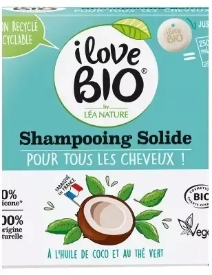 Твёрдый шампунь I Love Bio с кокосовым маслом, зелёным чаем и ксилитом, 65 г