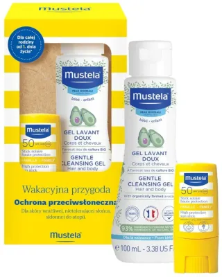 Детский набор Mustela очищающий гель для тела и волос и солнцезащитный стик SPF 50 100+9 мл