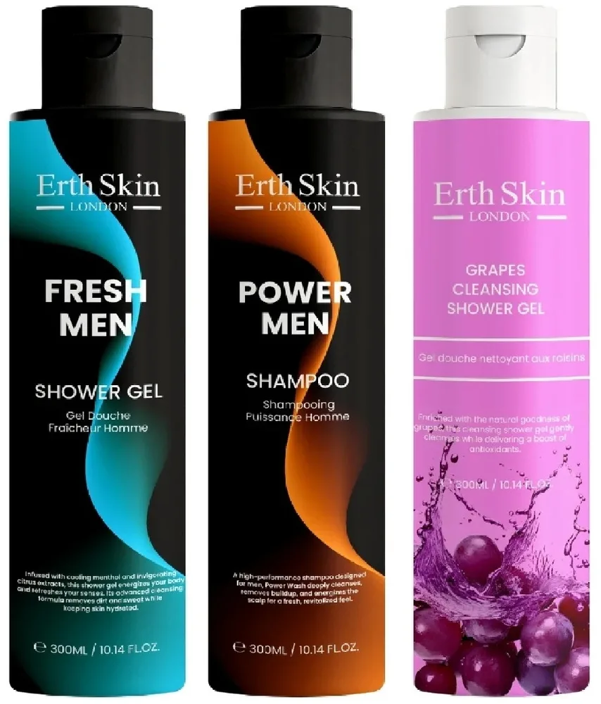 Мужской набор ErthSkin London гель для душа Fresh Men шампунь Power Men и виноградный гель для душа 3 шт по 300 мл