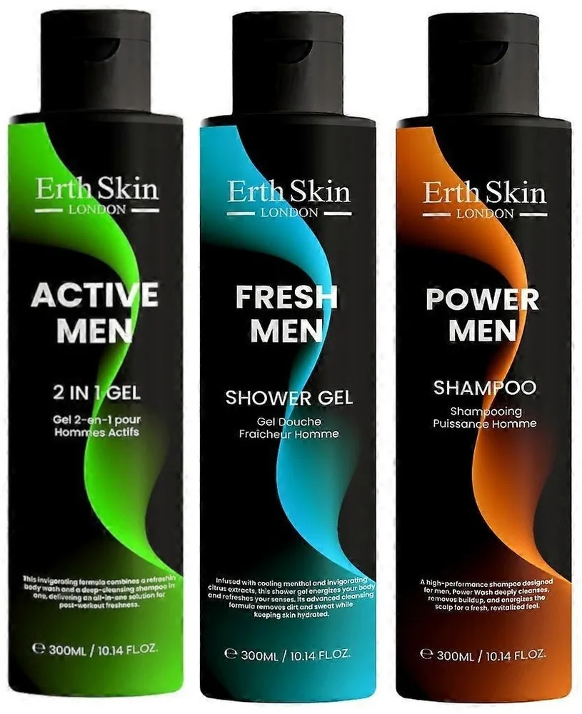 Мужской набор ErthSkin London гель для душа Fresh Men шампунь Power Men и гель для тела и волос Active Men 2 в 1 3 шт по 300 мл
