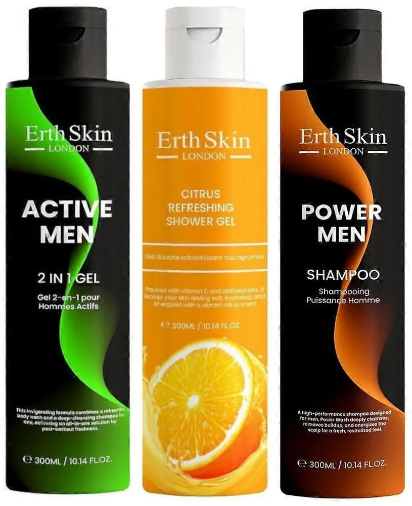 Мужской набор ErthSkin London цитрусовый гель для душа шампунь Power Men и гель для тела и волос Active Men 2 в 1 3 шт по 300 мл