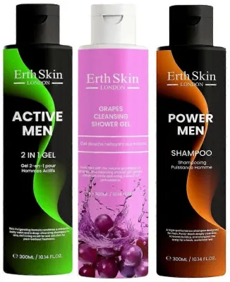 Мужской набор ErthSkin London виноградный гель для душа шампунь Power Men и гель для тела и волос Active Men 2 в 1 3 шт по 300 мл