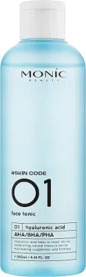 Тоник для лица Monic Beauty #Skin Code 01 Hyaluronic Acid And AHA/BHA/PHA Face Tonic с гиалуроновой кислотой, с кислотами AHA/BHA/PHA, 250 мл