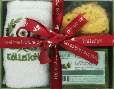 Набор Kalliston KL0667 оливковое мыло лаванды 100 г губка и полотенце с красной лентой