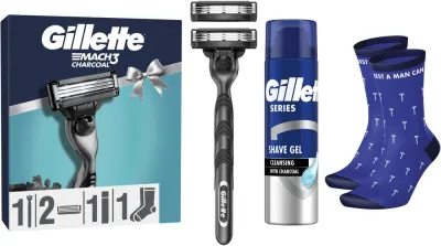 Набор Gillette Mach3 Charcoal гель для бритья 200 мл станок сменные кассеты 2 шт и носки