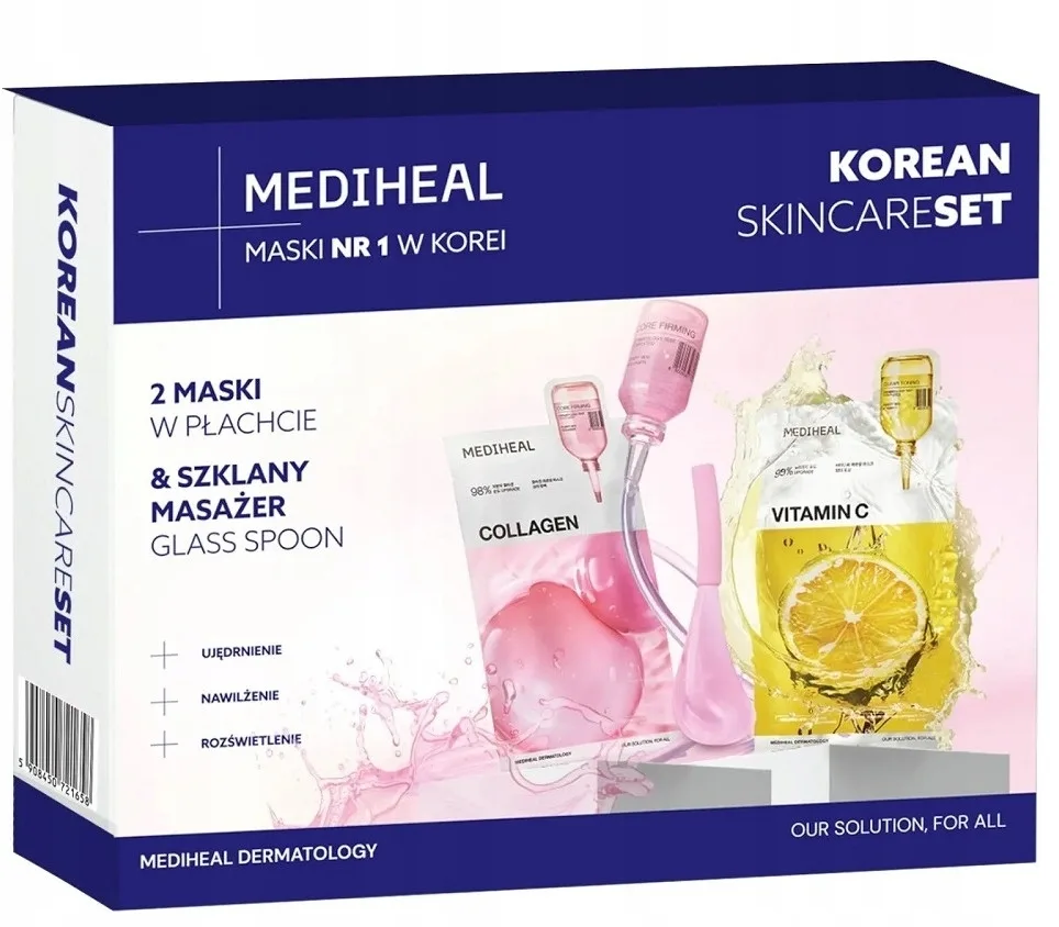 Набор Mediheal Korean Skincare тканевые маски 2 шт по 24 мл и стеклянный массажер-ложка