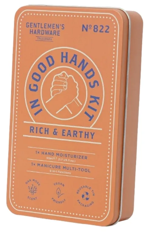 Мужской набор Gentlemen's Hardware In Good Hands крем для рук 50 мл и аксессуар для ногтей в жестяной банке