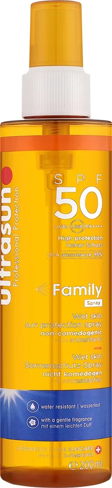 Спрей для тела Ultrasun Family Wet Skin SPF50 солнцезащитный прозрачный без спирта 200 мл