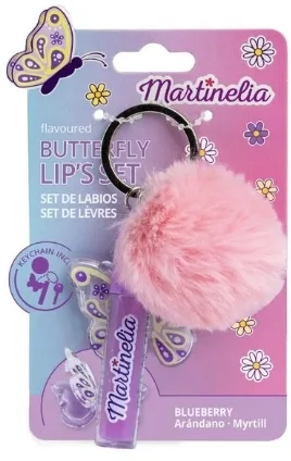 Детский набор Martinelia World Butterfly блеск для губ с черникой 2 мл бальзам в форме бабочки 1.2 г и розовый брелок