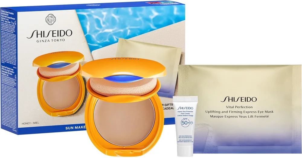 Набор Shiseido Suncare компактная пудра SPF 10 12 г солнцезащитный крем SPF 50 5 мл и патчи для области вокруг глаз