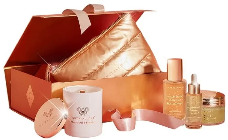 Набор Crystallove The Glow Ritual Clear Quartz сыворотка 30 мл мист 100 мл скраб для тела 200 г соевая свеча и косметичка