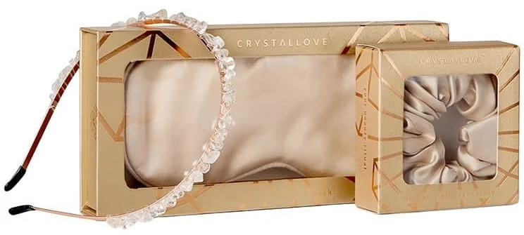 Набор Crystallove золотистое ободок с горным хрусталем шелковая маска для сна и шелковая резинка для волос