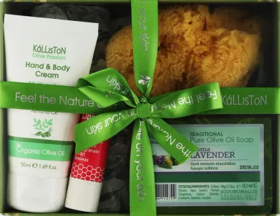 Набор Kalliston Gift Box оливковое мыло с лавандой 100 г крем для рук и тела 50 мл бальзам для губ 5.2 г и губка