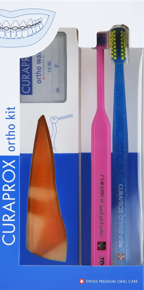 Набор Curaprox Ortho Kit ортодонтическая щетка ершики CPS 07 14 18 3 шт держатель UHS 451 воск и футляр оранжевое, розовое и синее