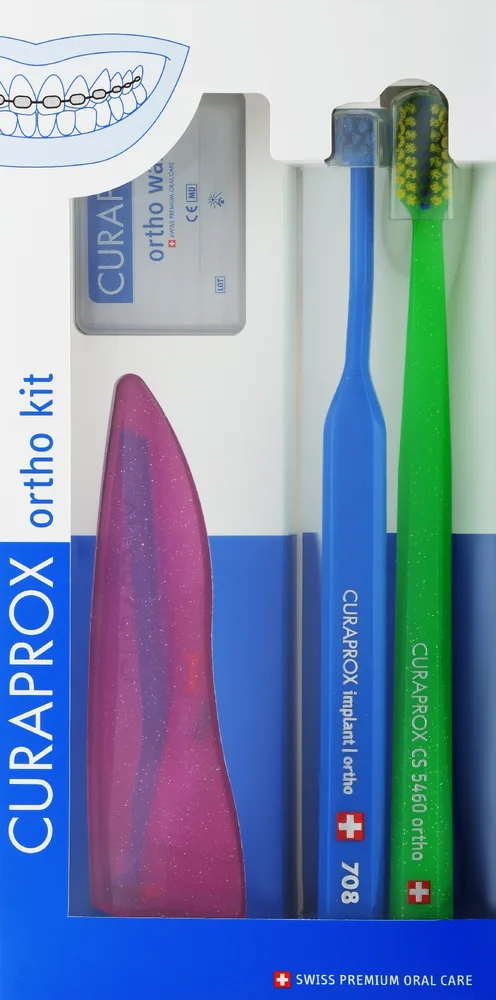 Набор Curaprox Ortho Kit ортодонтическая щетка ершики CPS 07 14 18 3 шт держатель UHS 451 воск и футляр розовое, синее и зеленое