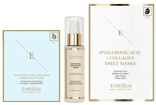 Набор для лица ErthSkin London сыворотка с муцином улитки тканевые маски и патчи с гиалуроном и коллагеном 60 мл+3 шт+5 пар