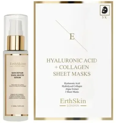 Набор для лица ErthSkin London сыворотка с муцином улитки и тканевые маски с гиалуроном и коллагеном 60 мл+3 шт