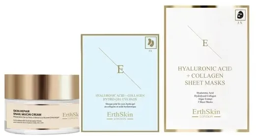 Набор для лица ErthSkin London крем с муцином улитки тканевые маски и патчи с гиалуроном и коллагеном 50 мл+3 шт+5 пар