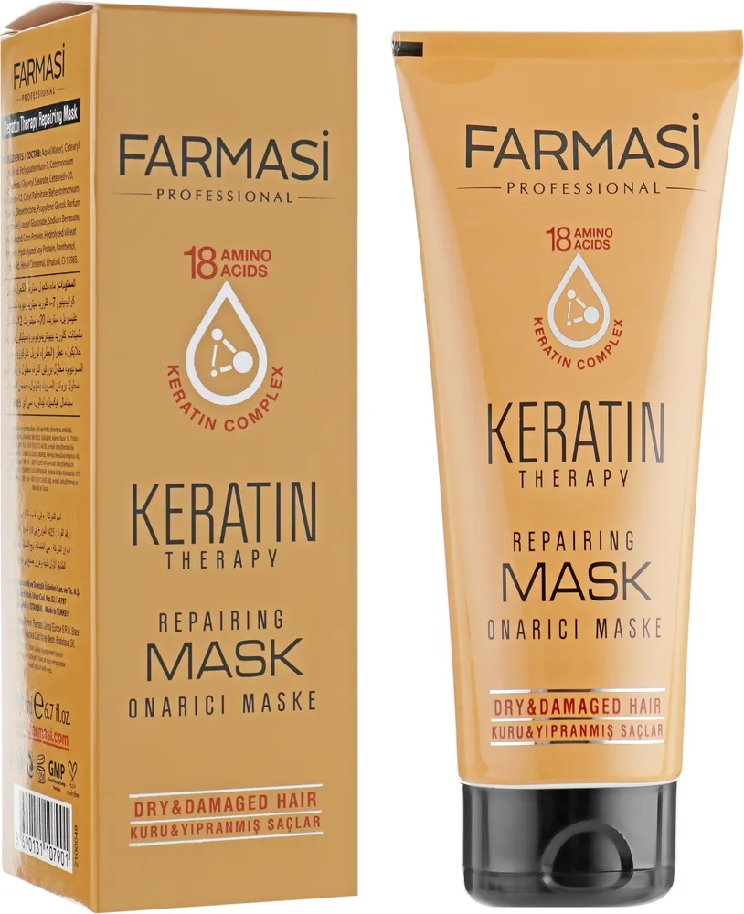 Восстанавливающая маска для волос Farmasi Keratin Therapy, растительный кератин, протеины кукурузы, пшеницы и сои, пантенол, 200 мл