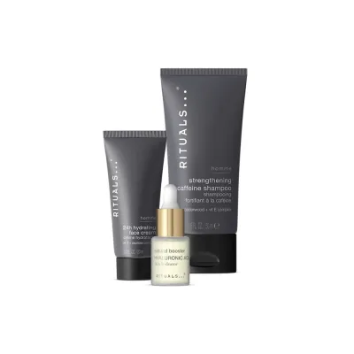 Rituals Homme Набор мужской для ухода за лицом и волосами: шампунь 50 мл, сыворотка 6,5 мл, крем 20 мл