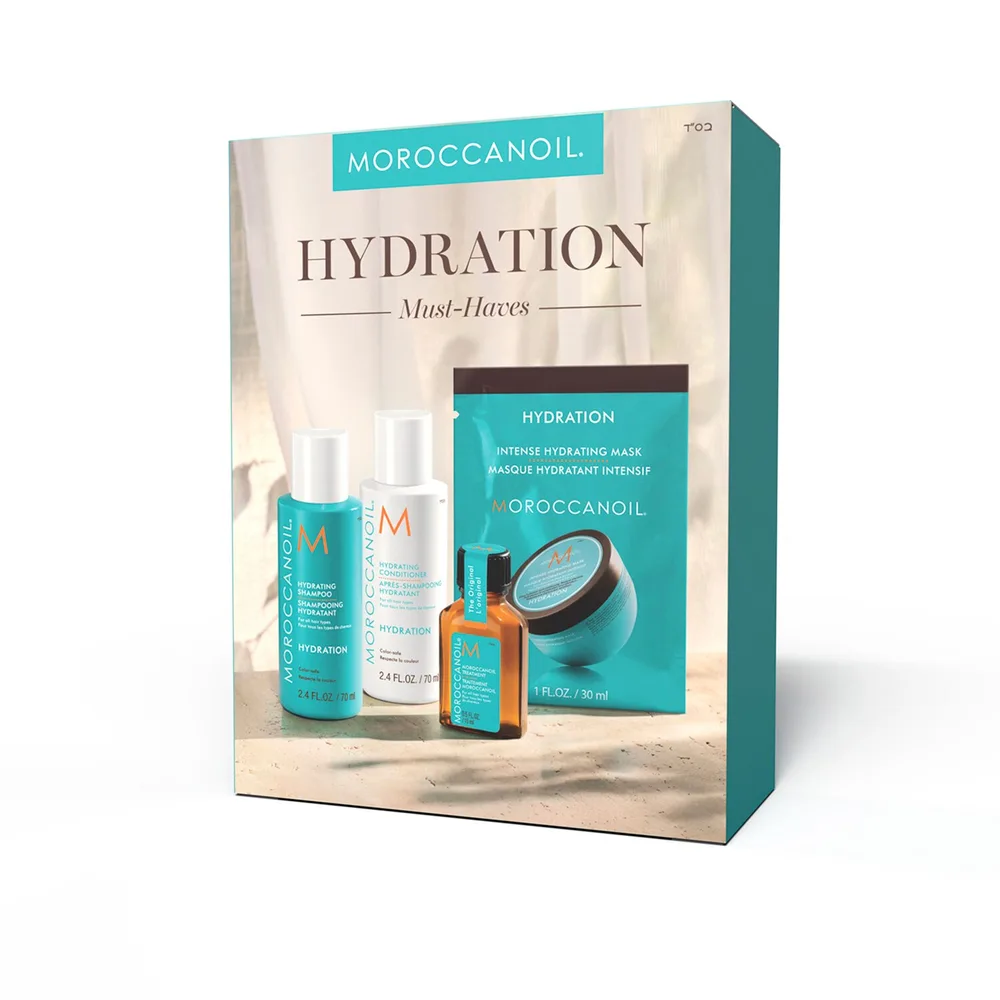 Moroccanoil Hydration набор для увлажнения волос: шампунь, кондиционер, маска и масло, 70 мл + 70 мл + 15 мл + 30 мл