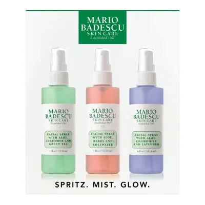 Mario Badescu Spritz Mist Glow набор мистов для лица с алоэ, огурцом и розой, 3 x 118 мл