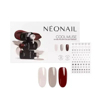 Набор гель-лаков NEONAIL Cool Muse Collection Set холодные оттенки, серебристые наклейки, 3 шт по 3 мл
