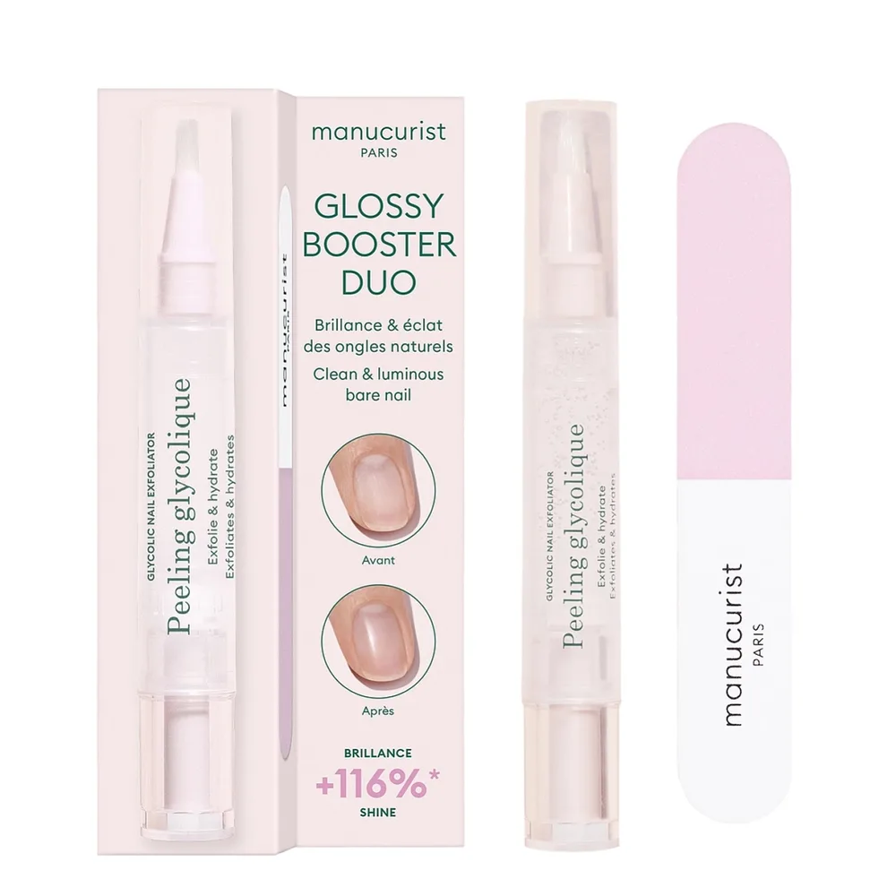 Набор для ухода за ногтями Manucurist SOIN Glossy Booster Duo гликолевый пилинг и полировщик, блеск без лака, 4 мл