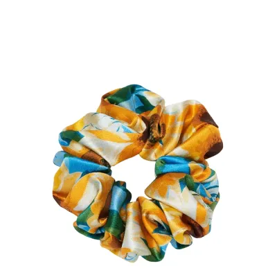 Резинка для волос Almania Scrunchie шёлковая с принтом подсолнухи, жёлтый акцент, 1 шт