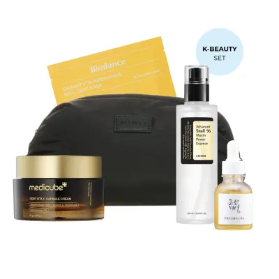 Набор корейского ухода за лицом K-Beauty Glow Skin Set гидрогелевая маска, сыворотка, эссенция, крем и чёрная косметичка MINTI Collection
