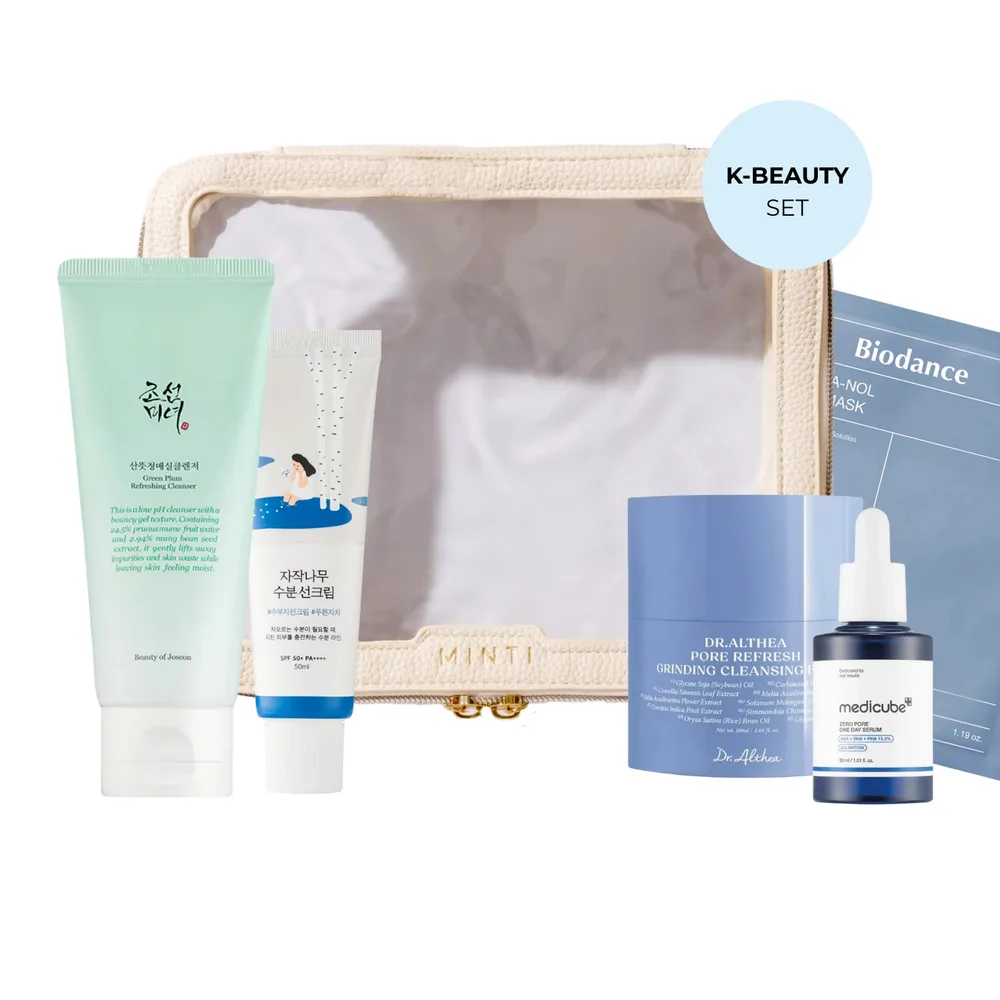 Набор косметики для лица K-Beauty Bestseller Set II бальзам и гель для умывания, сыворотка, маска, крем SPF 50+ и косметичка, 6 предметов