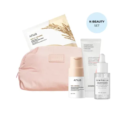 Набор корейского ухода за лицом K-Beauty Smoothing Set рисовая маска, крем с церамидами, ампула, очищающая пудра и розовая косметичка