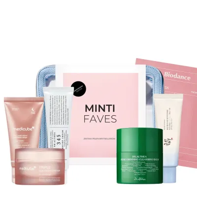 Набор корейского ухода за лицом MINTI FAVES K-Beauty Bestseller Set 6 средств: бальзам, крем SPF50+, кремы с коллагеном и маски, косметичка