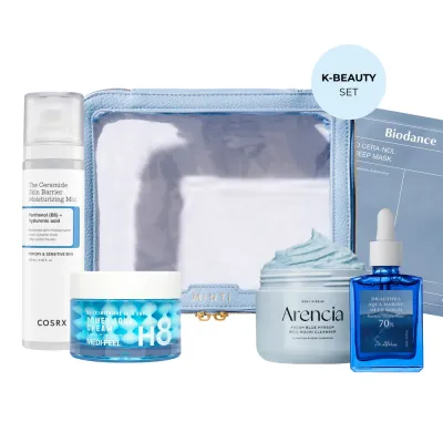 Набор корейского ухода за лицом K-Beauty Moisture Boost Set 5 средств: пудра, сыворотка, спрей, крем и маска, косметичка 24x7x18 см