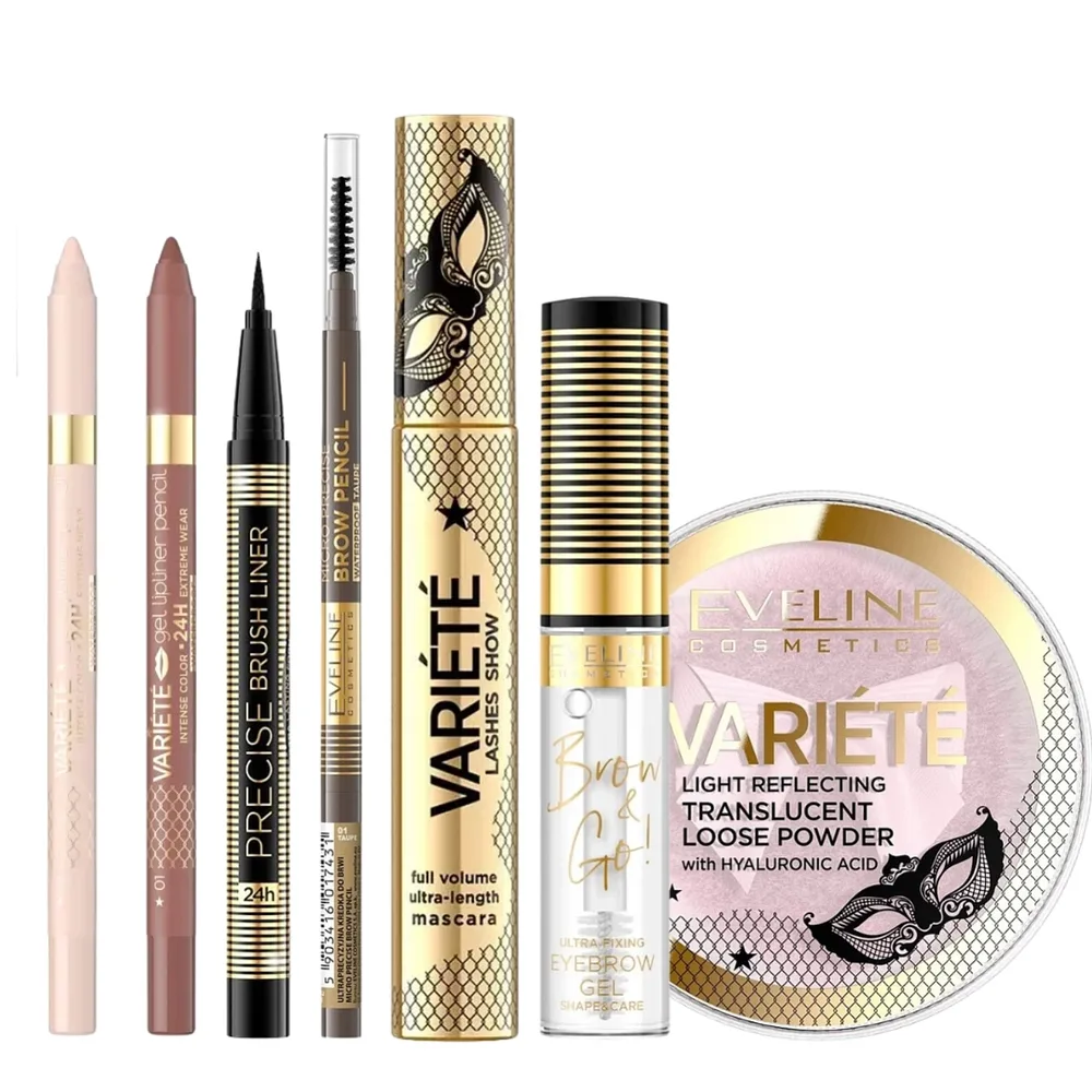 Набор для макияжа Eveline Cosmetics: жидкие румяна-помада + палетка 4 в 1 + мыло для бровей + лайнер-фломастер + тушь для ресниц