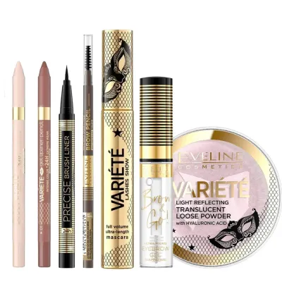 Набор для макияжа Eveline Cosmetics: жидкие румяна-помада + палетка 4 в 1 + мыло для бровей + лайнер-фломастер + тушь для ресниц
