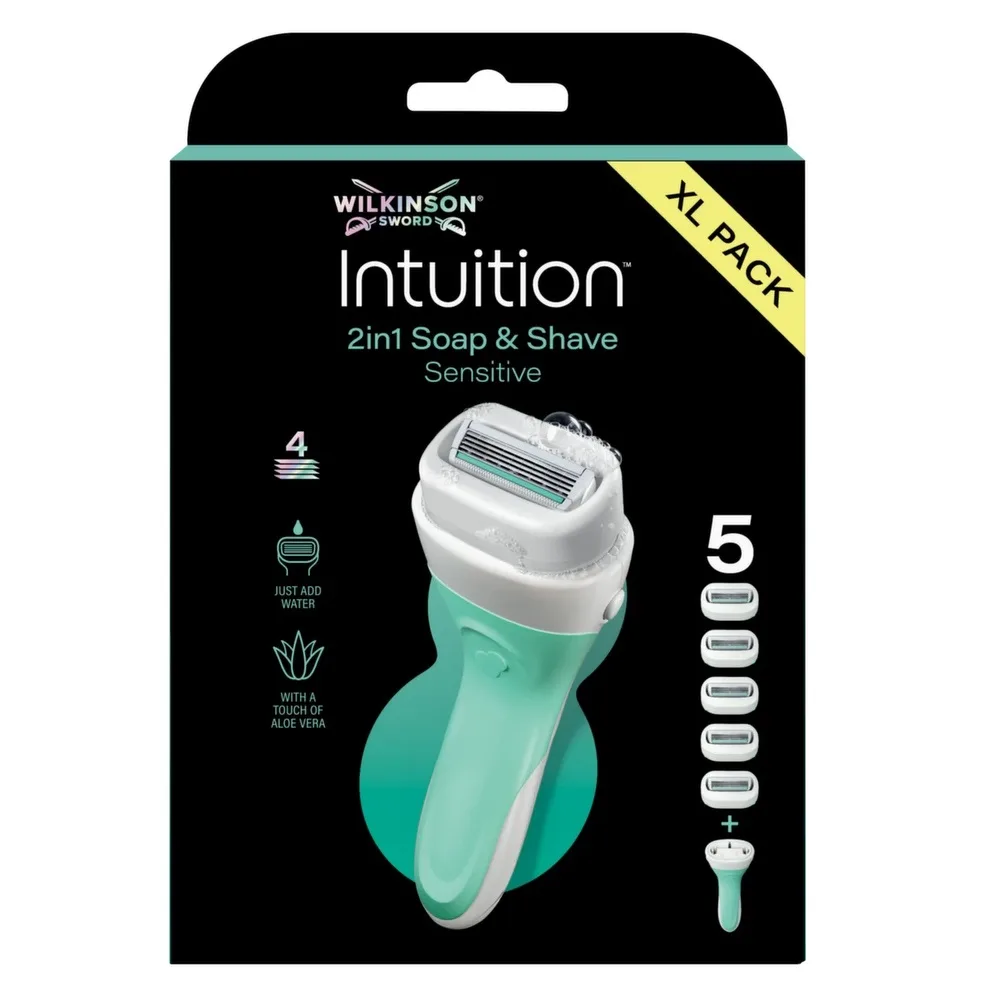 Бритва женская Wilkinson Sword Intuition Sensitive 4 лезвия, встроенная мыльная обойма, станок и 5 сменных кассет