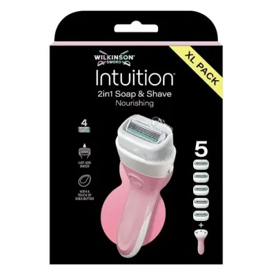 Бритва женская Wilkinson Sword Intuition Nourishing 4 лезвия, ухаживающая мыльная обойма, станок и 5 сменных кассет