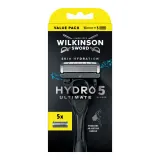 Бритва мужская Wilkinson Sword Hydro 5 Ultimate Skin Hydration 5 лезвий, амортизирующая рукоятка, увлажняющий гель, станок и 5 сменных кассет — фото 1