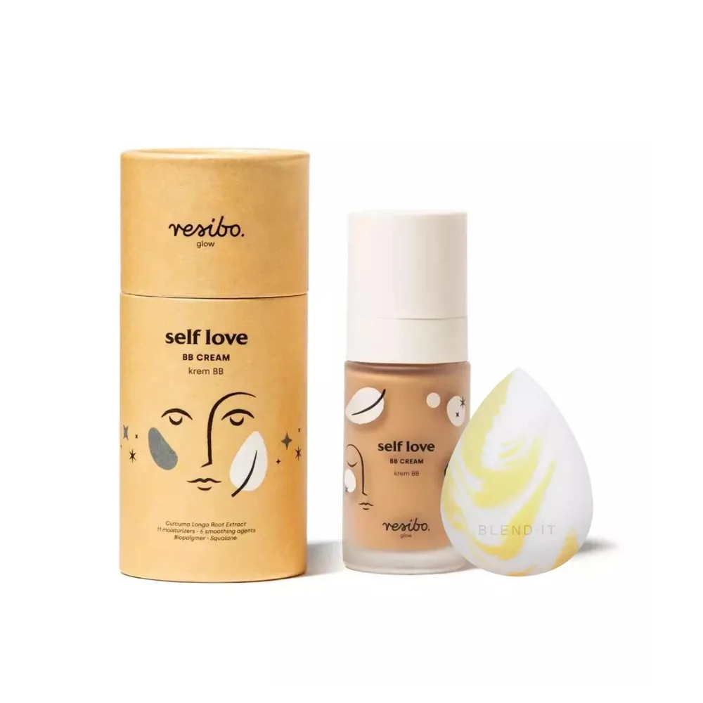 Набор Resibo Self Love BB Cream крем BB тон Sunny Beige 30 мл + спонж для макияжа BLEND IT Marble Juicy Yellow