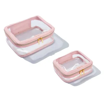 Набор косметичек дорожных MINTI Collection Travel Bag SET прозрачные на молнии, 2 шт: Medium 19 x 15 см + Large 24 x 18 см, светло-розовые