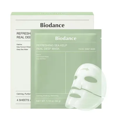 Маска для лица гидрогелевая Biodance Refreshing Sea Kelp Real Deep Mask с морскими водорослями, успокаивающая увлажняющая, набор 4 шт
