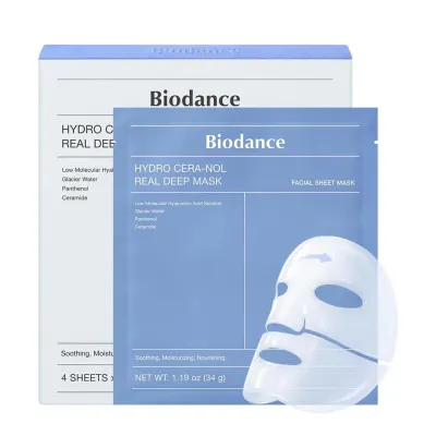 Маска для лица гидрогелевая Biodance Hydro Cera-Nol Real Deep Mask с церамидами и коллагеном, увлажняющая успокаивающая, набор 4 шт