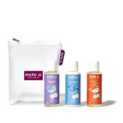 Набор детский дорожный Mini-u TRAVEL SIZE с косметичкой: шампунь 100 мл + кондиционер 100 мл + гель для мытья тела и волос 100 мл